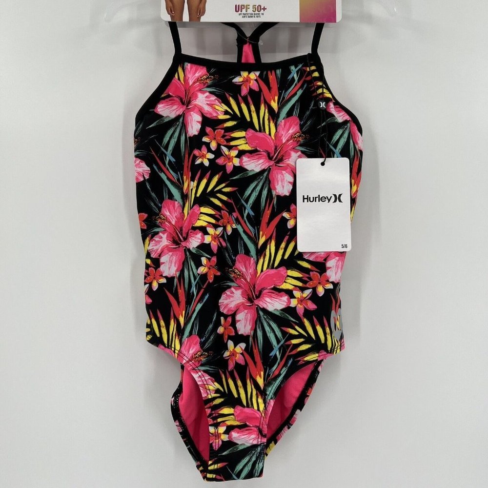Hurley Little Girl's One-Piece Swimsuit in Tropical Black/Hyper Pink sz 5/6 NWT
